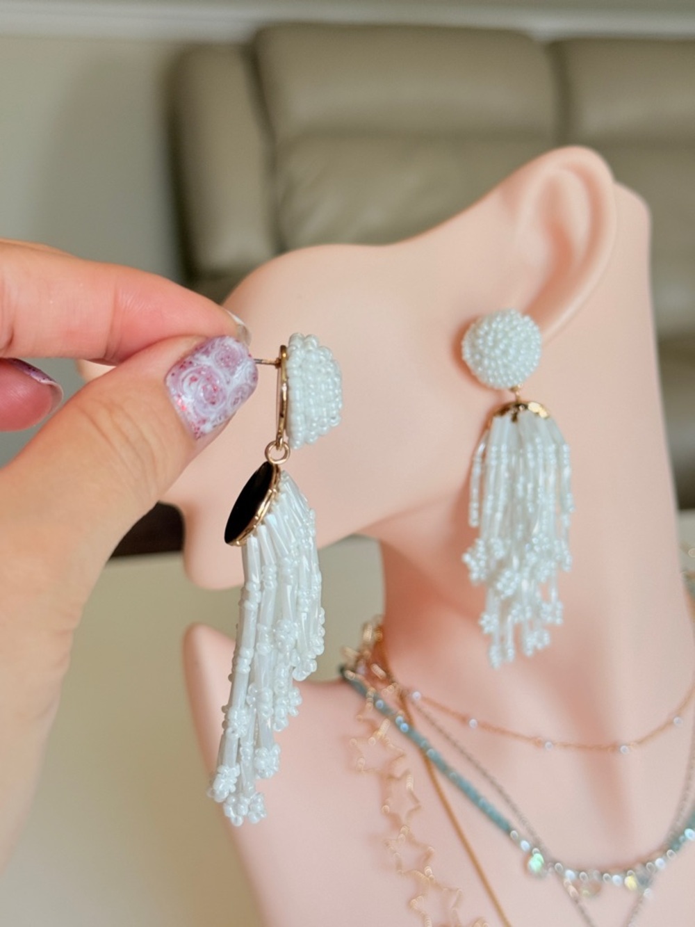 White Beaded Tassel Drop Earrings - Picture 6 of 12